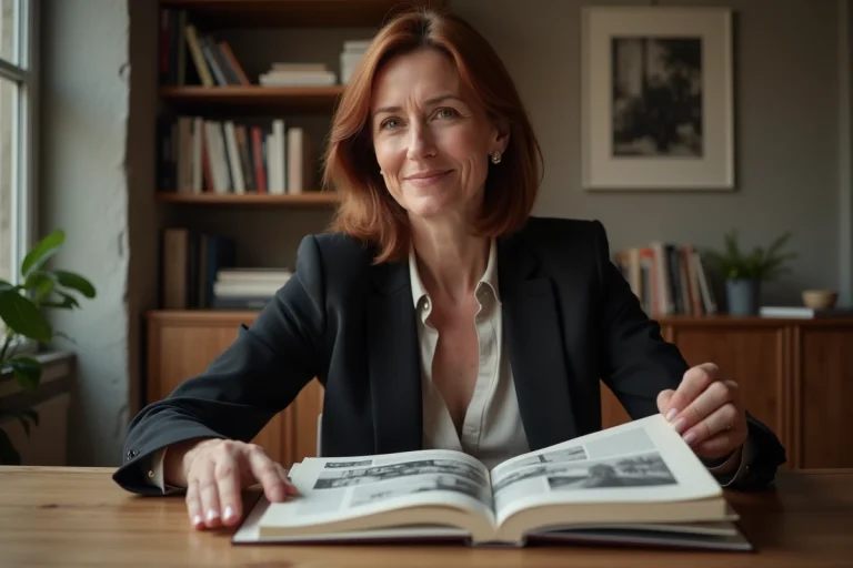 Femme sophistiquée lisant un livre d'art dans un intérieur parisien