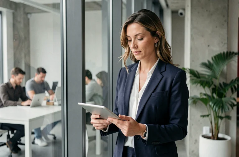 Femme entrepreneuse en blazer marine consultant une tablette dans un bureau moderne et lumineux, symbolisant le leadership et la réussite professionnelle