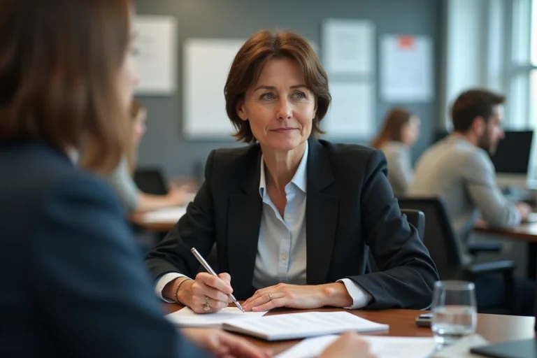 Femme en formation informatique en classe moderne