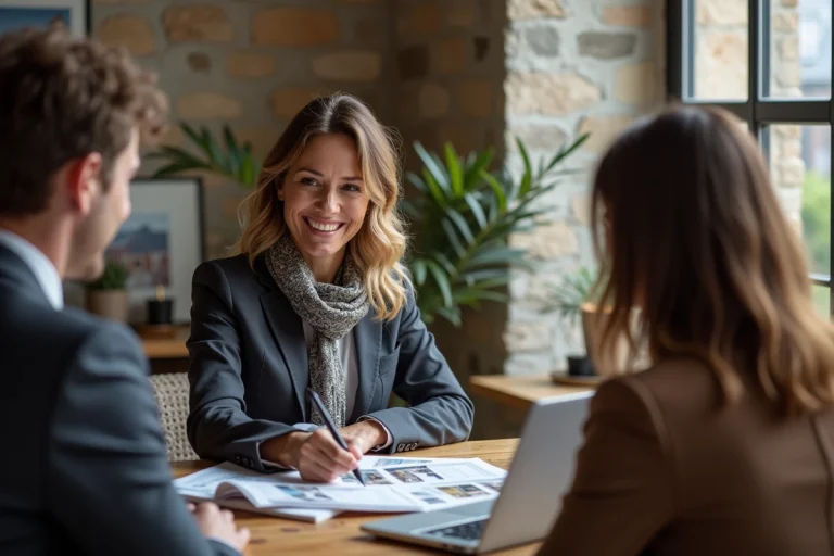 Femme agent immobilière souriante avec couple dans bureau breton