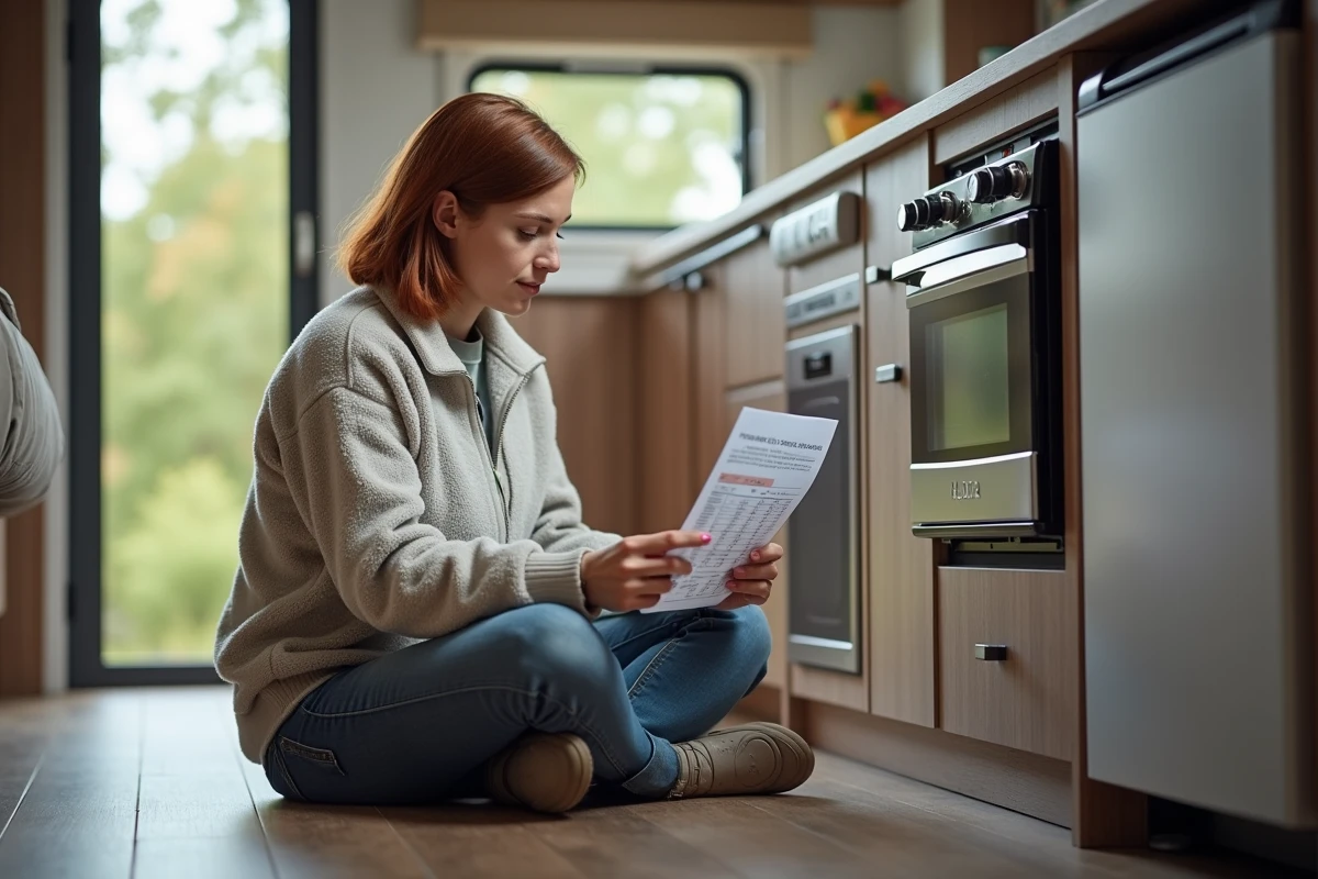 Femme lisant un manuel près d’un boiler dans un camping-car