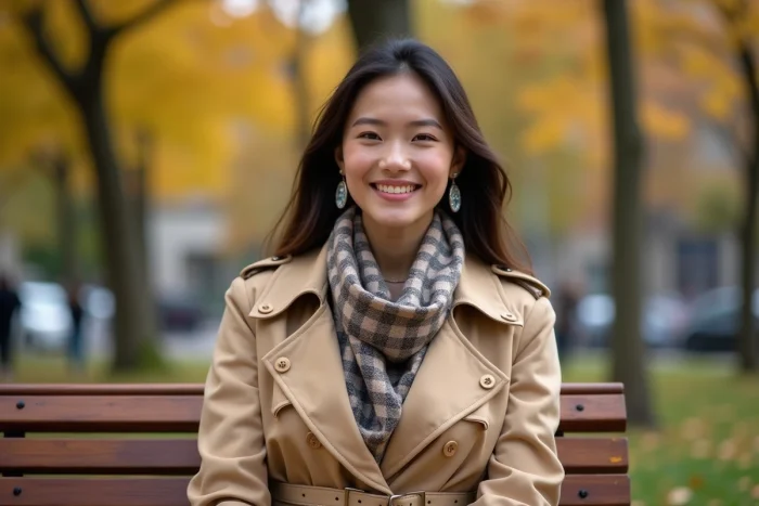Femme élégante en trench beige et foulard mode automne