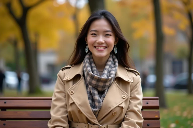 Femme élégante en trench beige et foulard mode automne