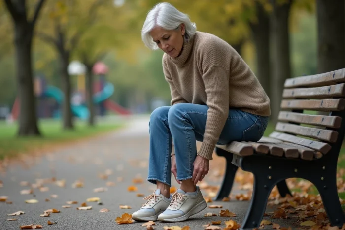 Femme assise sur un banc ajustant ses chaussures usées dans un parc