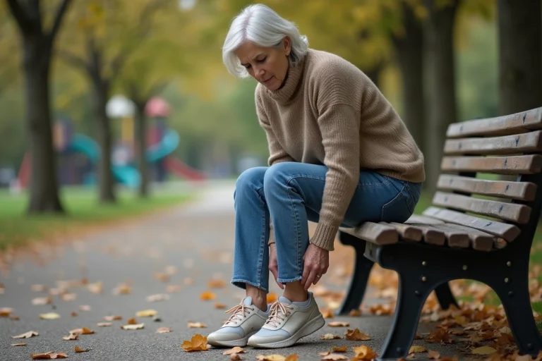 Femme assise sur un banc ajustant ses chaussures usées dans un parc