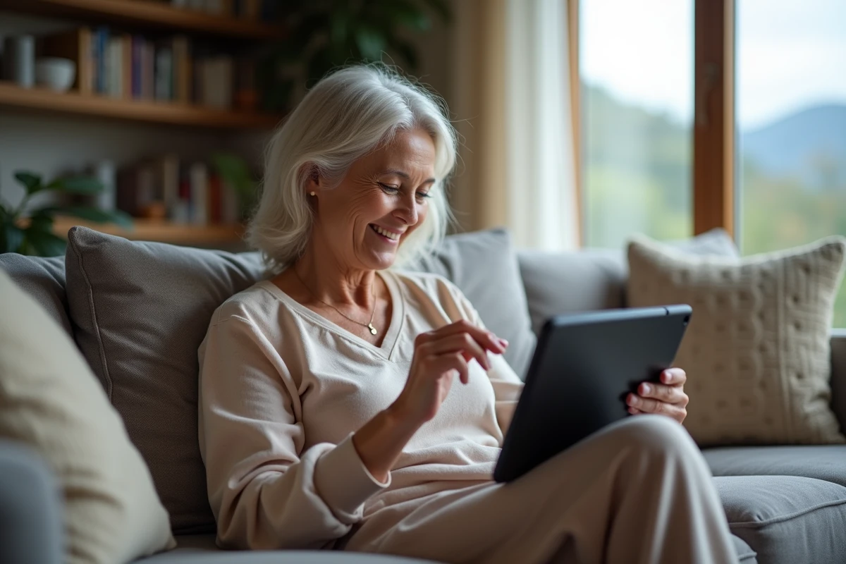 Femme assise sur un canapé utilisant une tablette Android dans un salon
