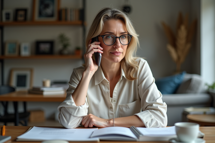 Femme d'âge moyen au bureau à domicile en conversation téléphonique