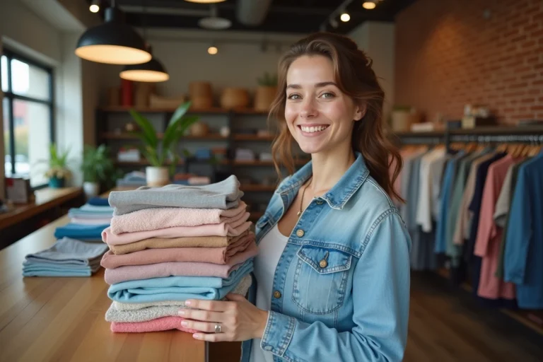 Femme souriante tenant des vêtements d'occasion dans un magasin