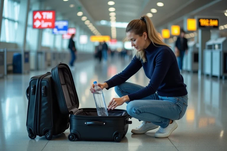 Femme voyageant en train de placer une bouteille d'eau dans sa valise
