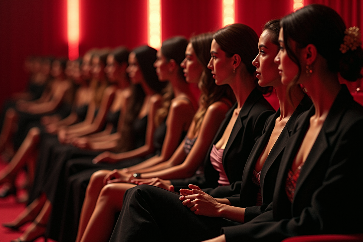 Groupe de femmes discrètes assises dans un espace backstage luxueux