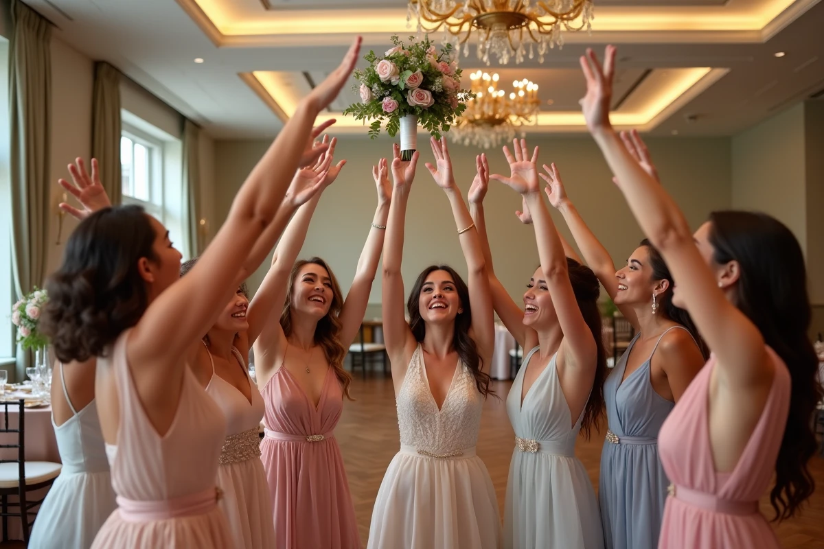 Filles attrapant le bouquet lors de la réception
