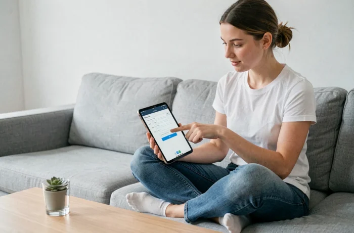 Jeune femme utilisant une application mobile pour créer un formulaire PDF interactif sur une tablette dans un salon