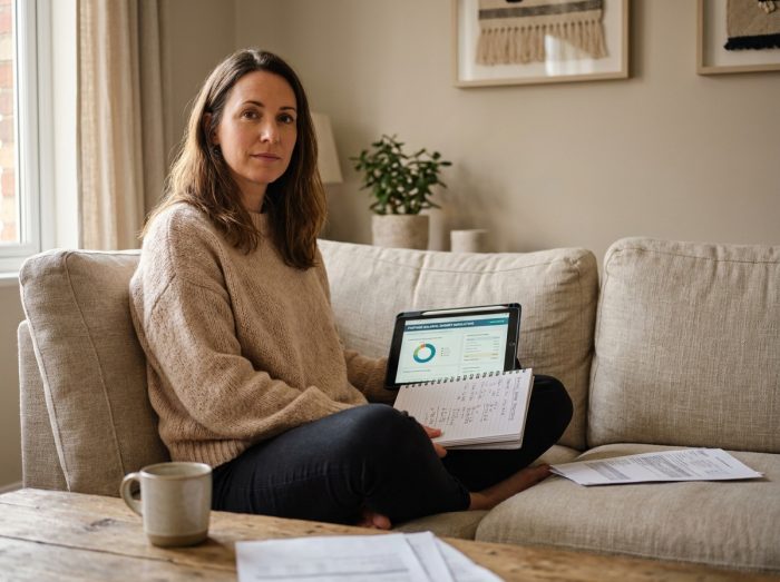 Freelance préparant sereinement son budget de portage salarial avec une tablette depuis son salon