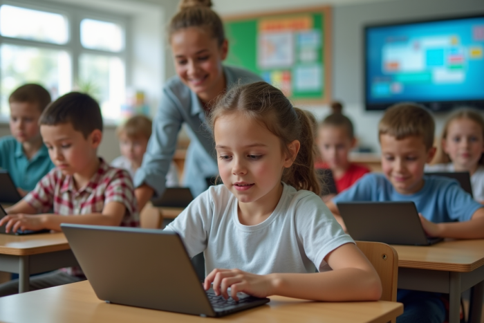 Enfants d ecole primaire utilisant des tablettes en classe