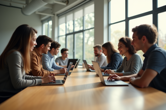 Groupe d'étudiants universitaires collaborant autour d'une table