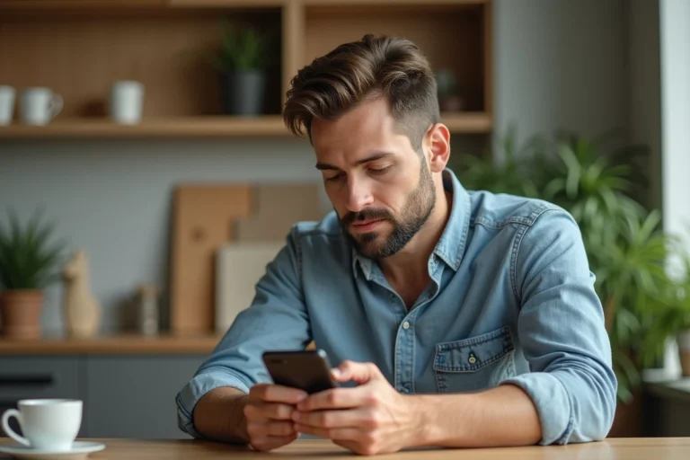 Homme concentré installant une application sur son smartphone Android