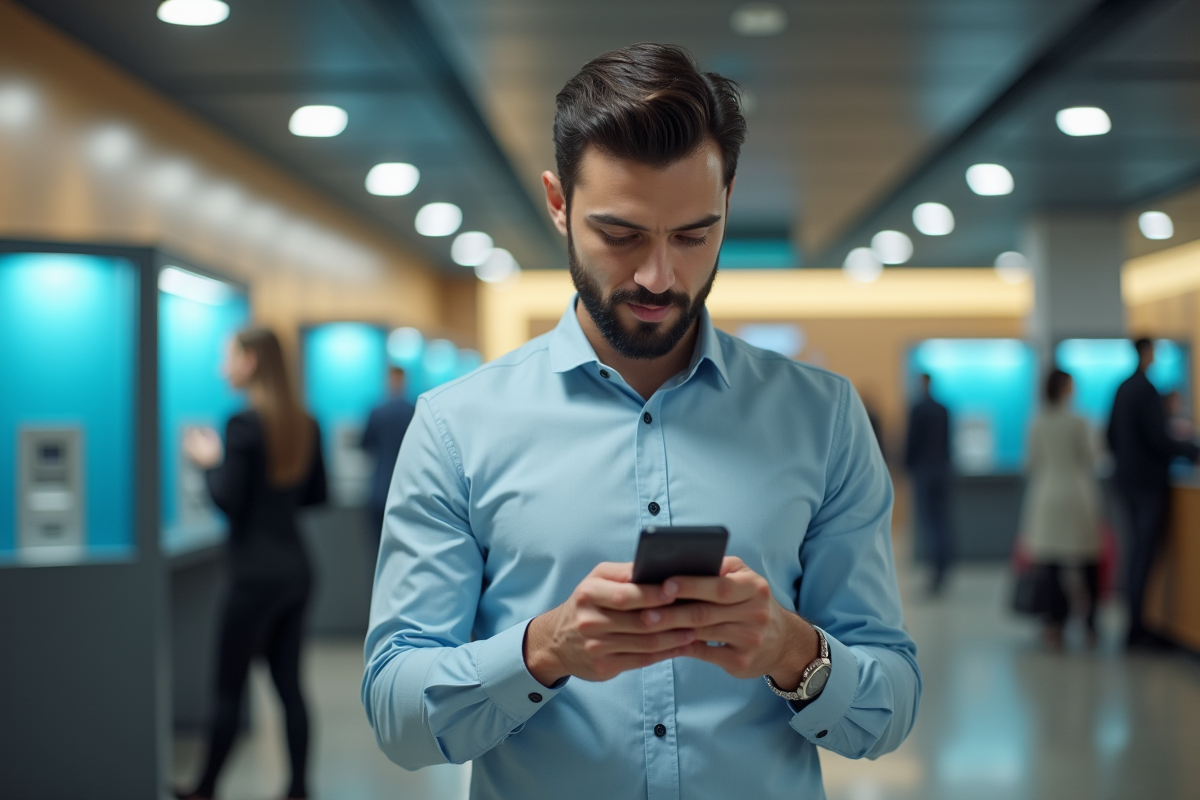 Jeune homme professionnel utilisant son téléphone en banque urbaine