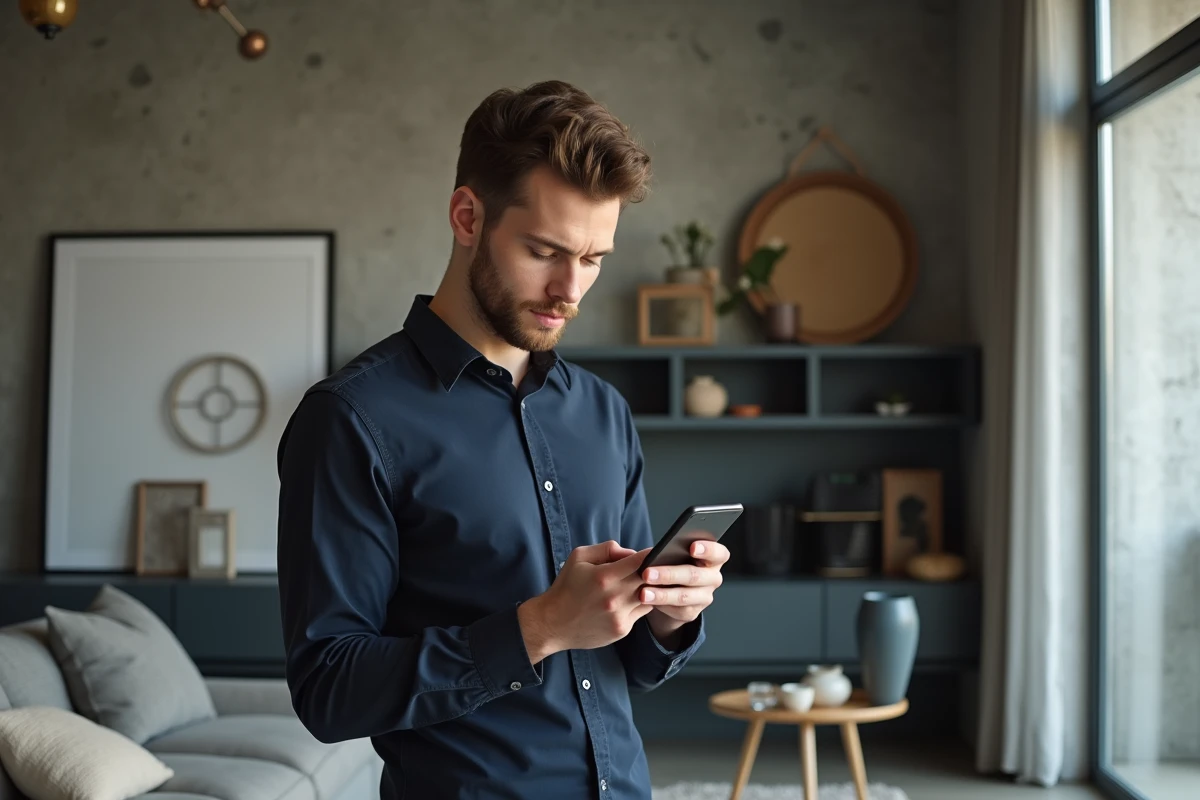 Jeune homme regardant un store en ligne dans un salon moderne