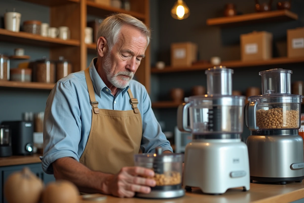 Homme examinant des robots culinaires en magasin d