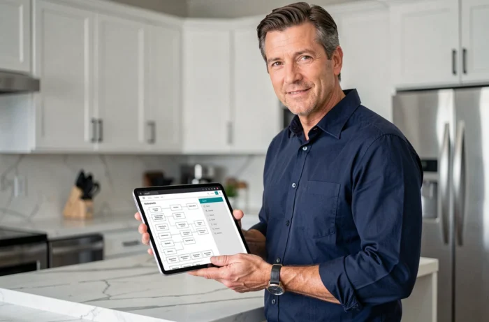 Homme consultant un plan de site structuré sur une tablette dans une cuisine moderne