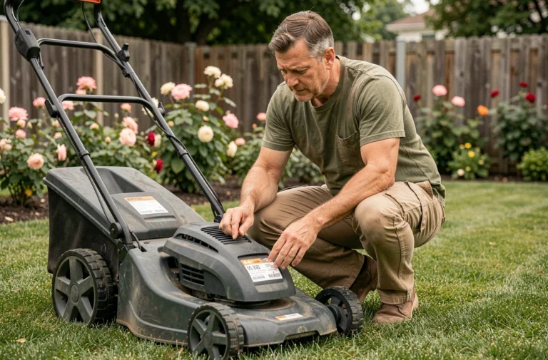 Homme examinant une tondeuse électrique dans un jardin avec une étiquette de prix visible