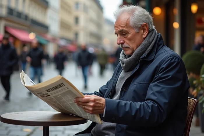 Homme français lisant un journal dans un café parisien