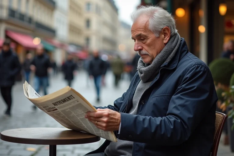 Homme français lisant un journal dans un café parisien