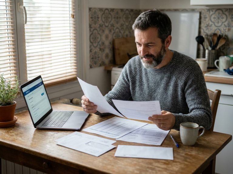 Homme de 40 ans consultant ses documents de rachat de crédits à la table de sa cuisine, expression soulagée face à ses relevés de prêts regroupés