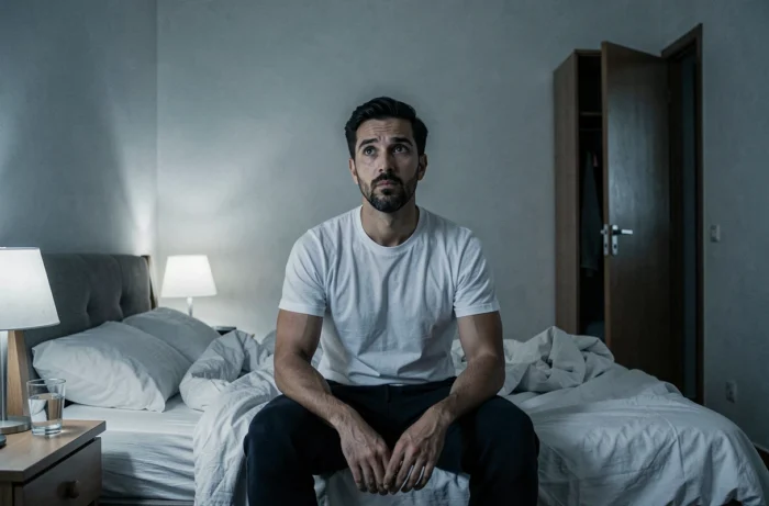 Homme réveillé au milieu de la nuit dans sa chambre, fixant un coin vide avec une expression de stupeur, phénomène paranormal domestique