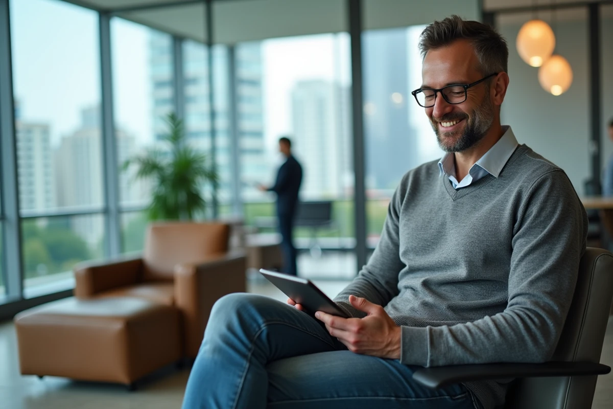 Homme souriant utilisant une tablette dans un bureau lumineux