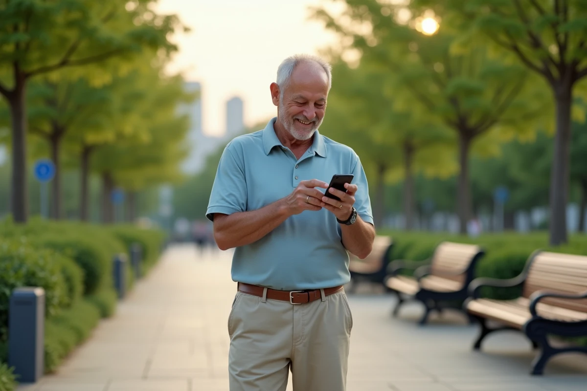 Homme senior souriant vérifiant ses messages dans un parc urbain