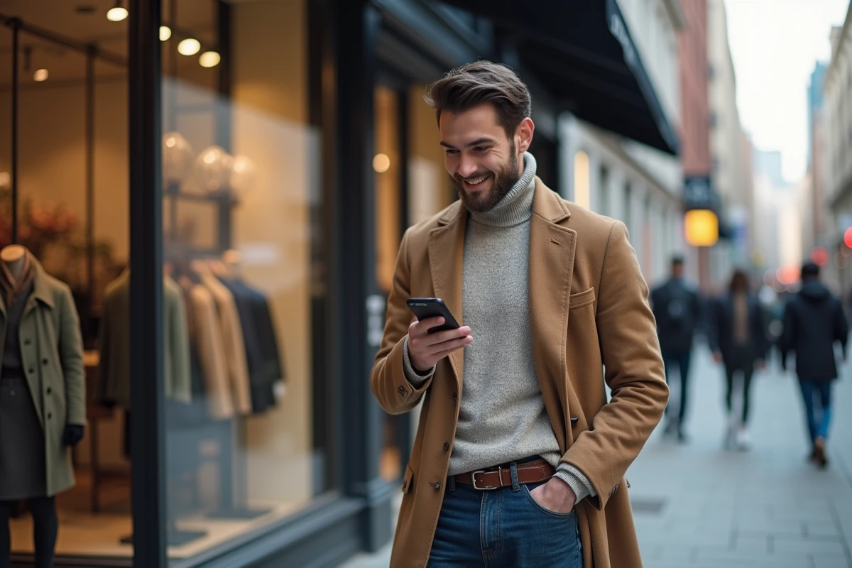 Jeune homme en streetwear devant boutique urbaine