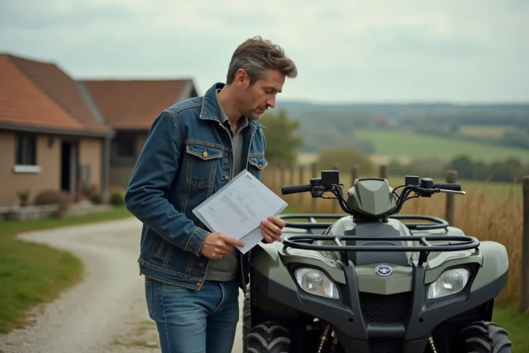 Homme vérifiant un quad en campagne paisible
