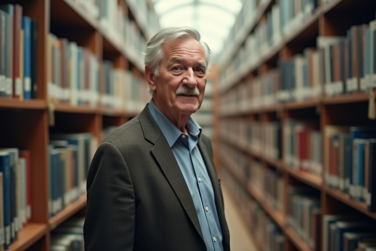 Homme âgé dans une bibliothèque éclairée naturellement