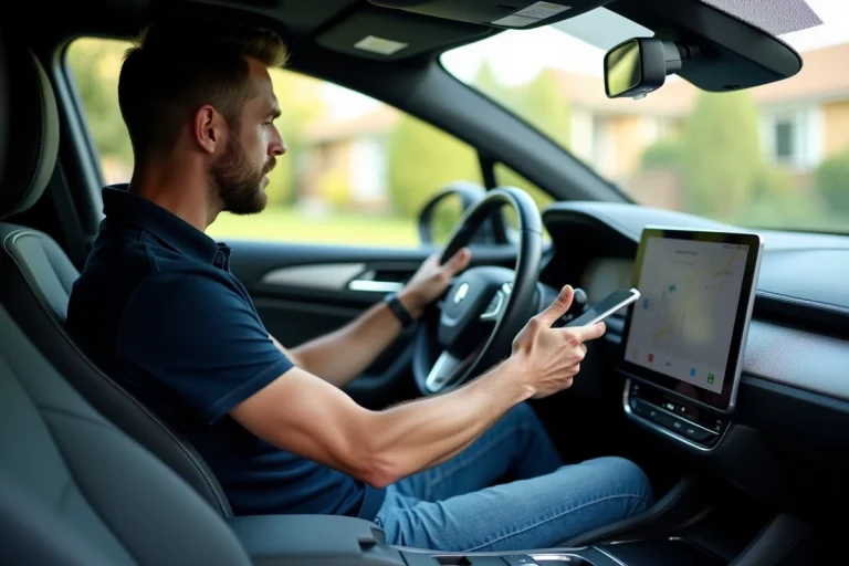 Homme dans sa voiture utilisant l'écran tactile et smartphone