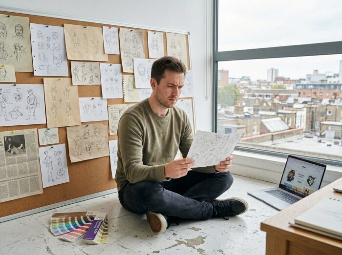 Illustrateur évaluant ses dessins de carnet épinglés sur un tableau de liège dans un studio professionnel