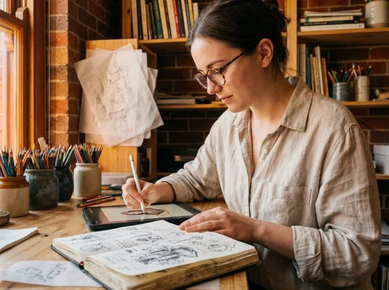 Illustratrice professionnelle transférant ses croquis de carnet vers une tablette graphique dans son atelier créatif