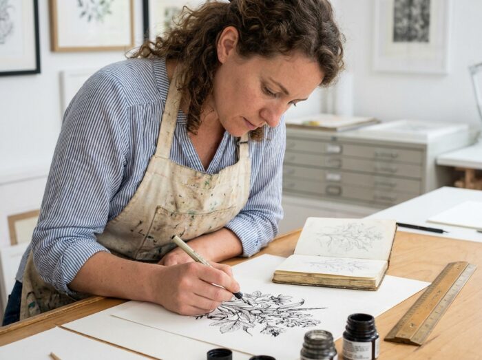 Illustratrice professionnelle encrant au tire-ligne un dessin élaboré à partir d'un croquis de carnet original