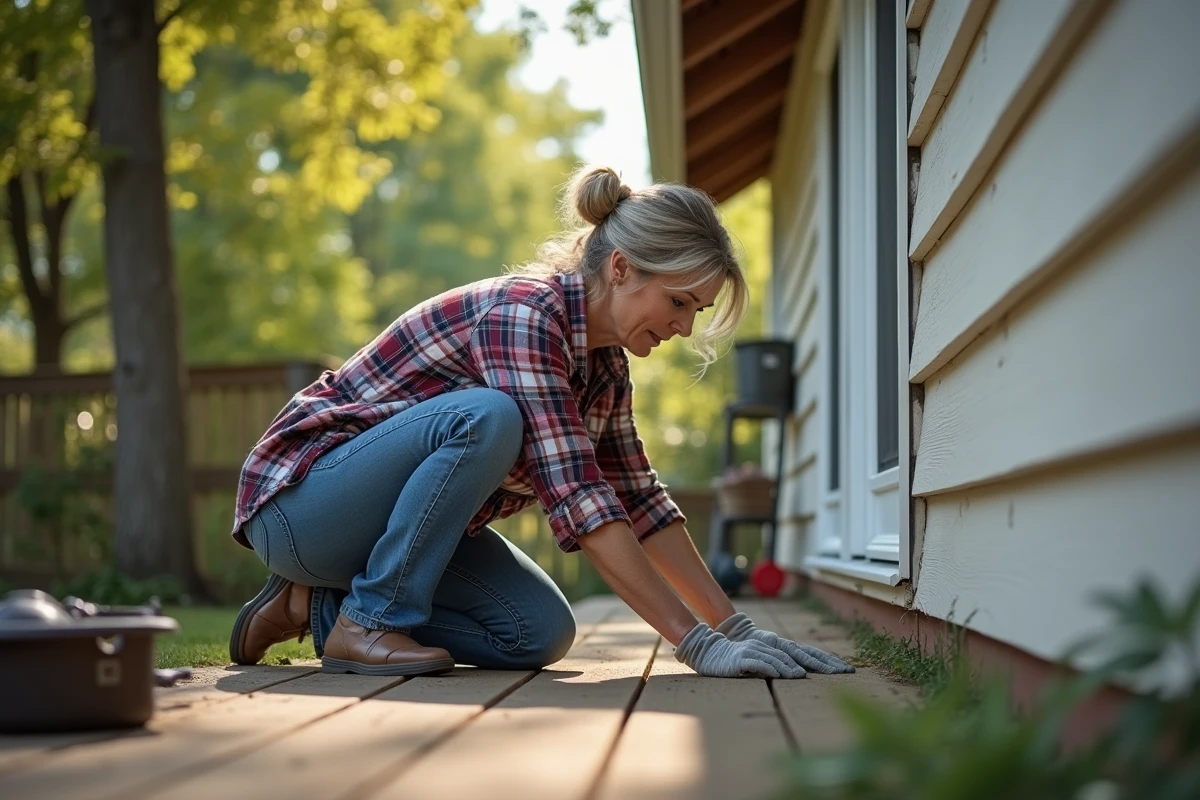 Femme inspectant un soffit PVC sous les eaves de la maison