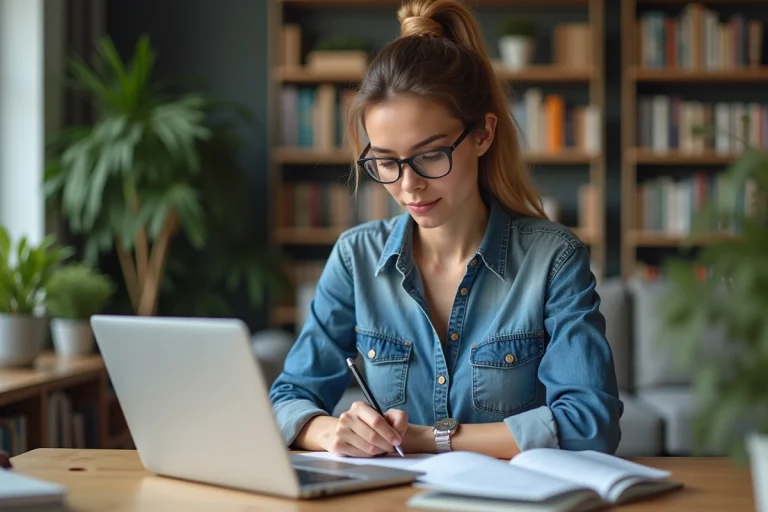 Jeune femme en denim travaillant à son bureau à domicile