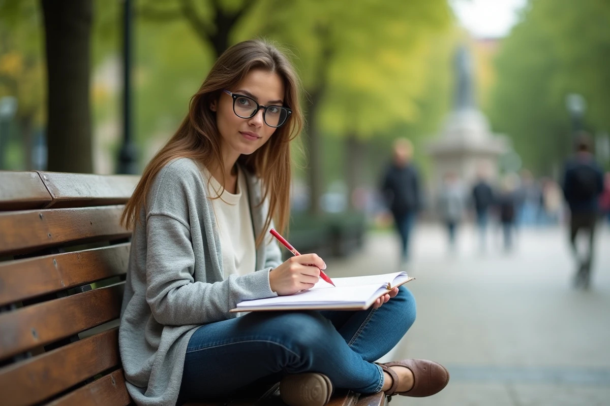 Jeune femme artiste sketchant dans un parc urbain