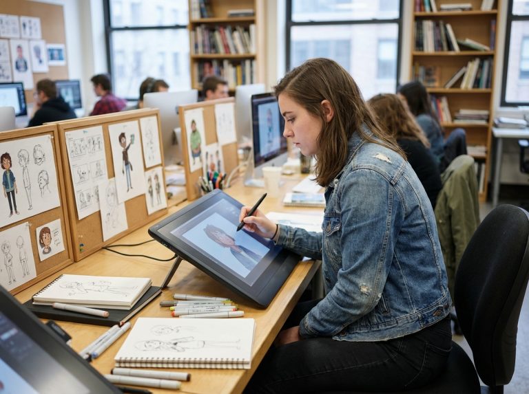 Jeune femme en denim travaillant sur tablette digitale dans une salle de dessin