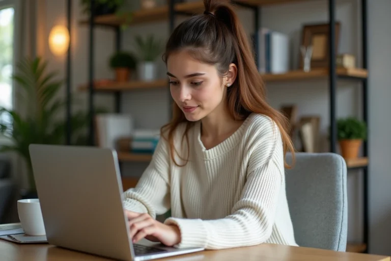 Jeune femme concentrée sur son ordinateur dans un salon cosy
