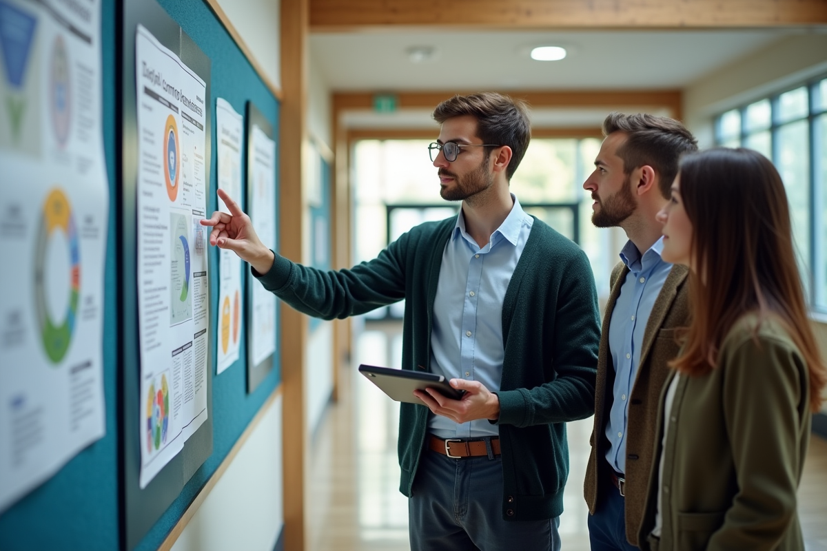 Jeune homme expliquant une infographie à ses collègues dans un couloir universitaire