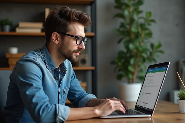 Jeune homme en denim travaillant sur un ordinateur dans un bureau moderne