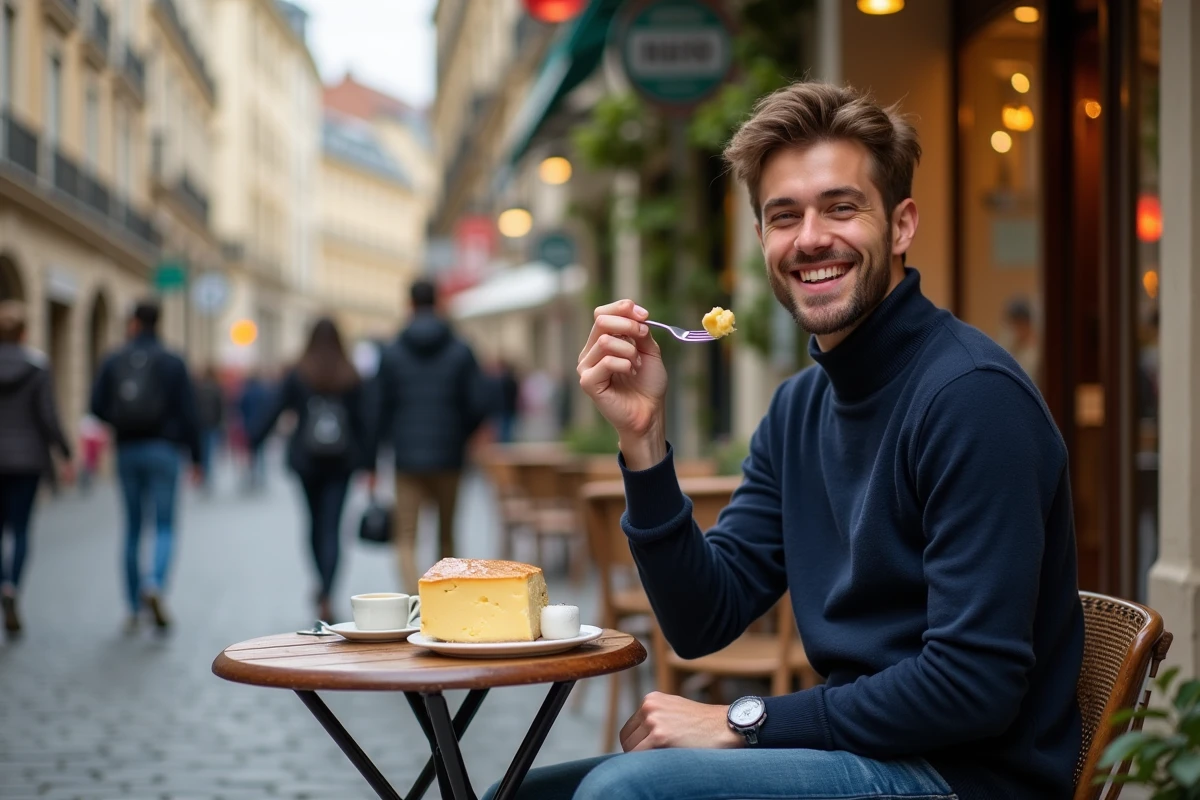 Jeune homme dégustant du fromage dans une rue française