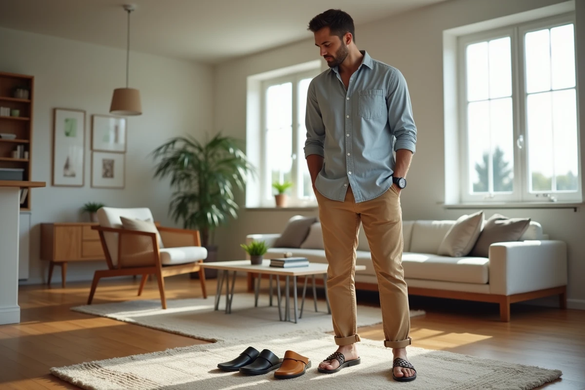 Jeune homme comparant deux paires de sandales dans son salon