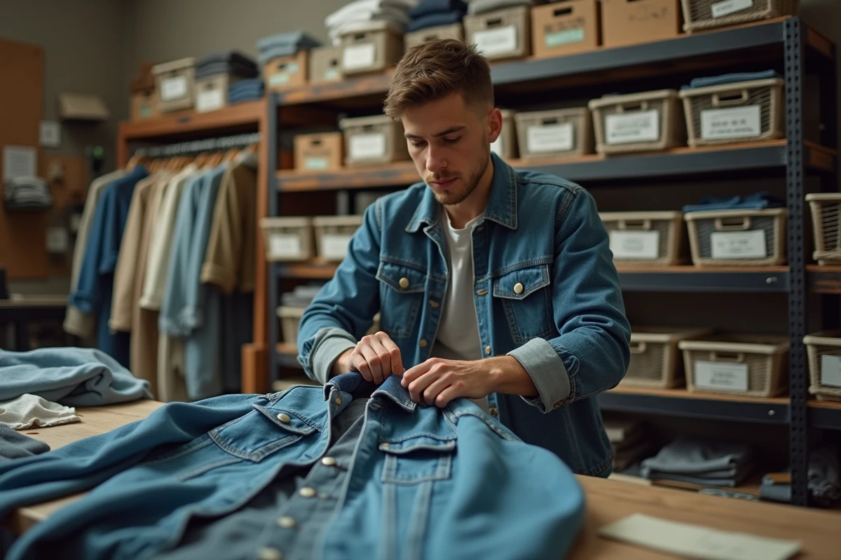 Jeune homme inspectant une veste en denim vintage dans un atelier