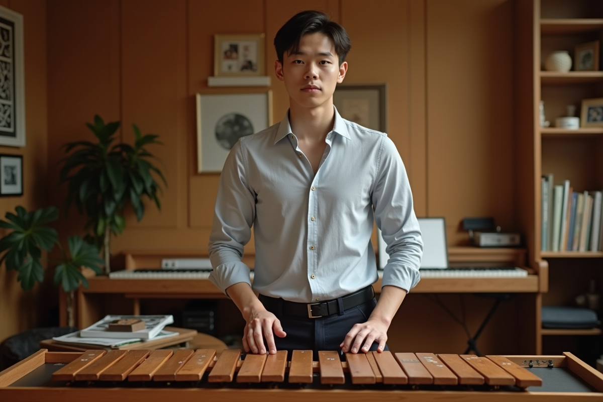 Jeune homme jouant du xylophone dans un studio de musique