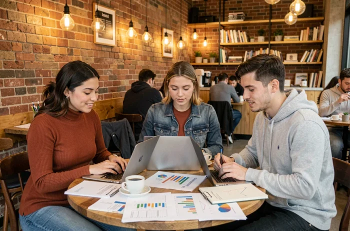 Groupe de jeunes entrepreneurs collaborant dans un café urbain autour de projets innovants en 2024